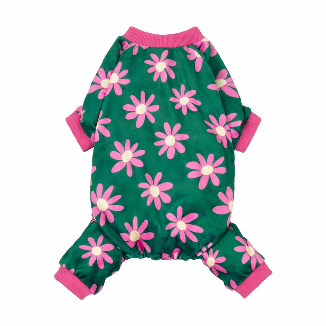 Floral dog pajamas. Green onesie with pink flowers, pink cuffs, comfortable and cute for dogs.