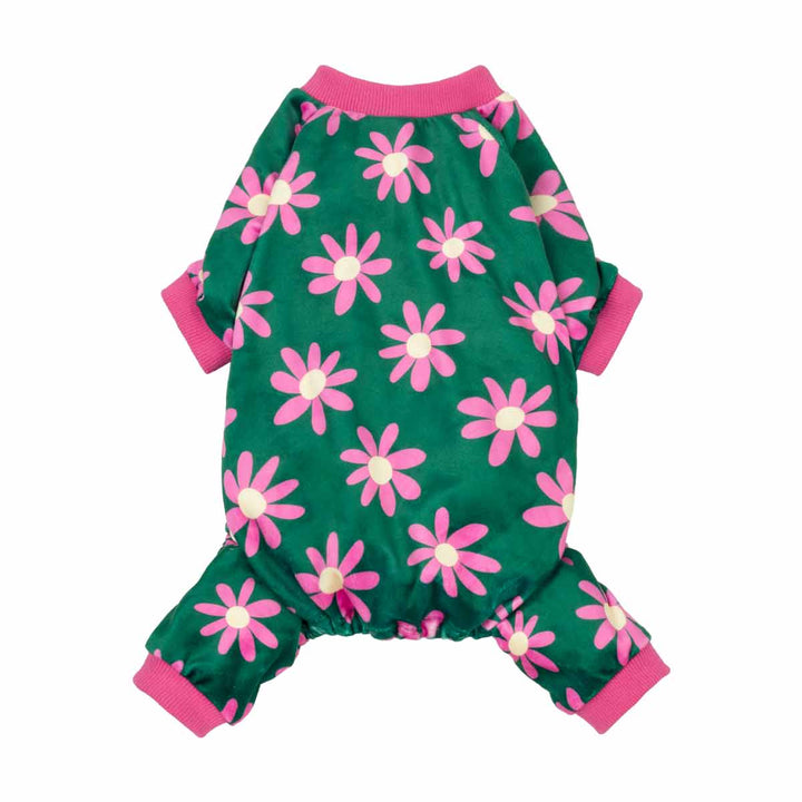 Floral dog pajamas. Green onesie with pink flowers, pink cuffs, comfortable and cute for dogs.