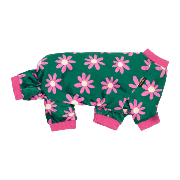 Floral dog pajamas, green with pink flowers, comfortable dog clothing by Fitwarm.