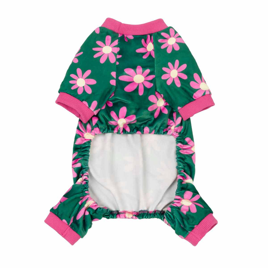 Green floral dog pajamas with pink flowers, soft and comfortable for small dogs, breathable and stylish.