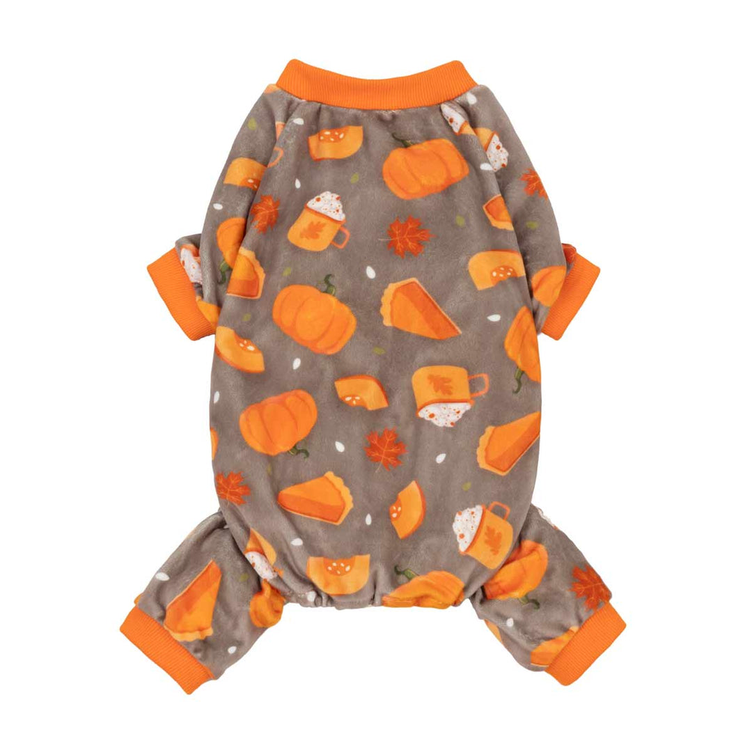 Gray-brown dog pajamas with orange trim, printed with pumpkins, pumpkin pie, maple leaves, and coffee mugs for fall.