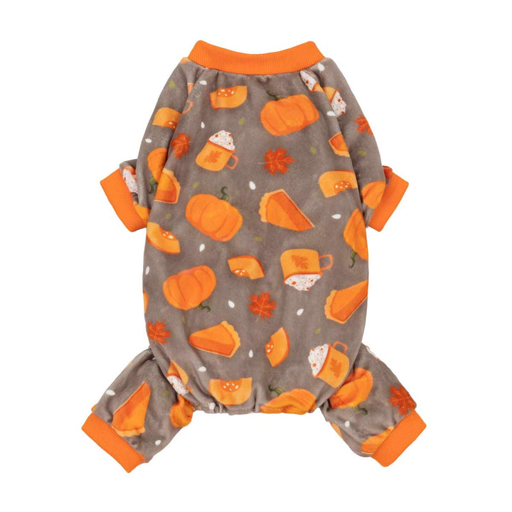 Gray-brown dog pajamas with orange trim, printed with pumpkins, pumpkin pie, maple leaves, and coffee mugs for fall.