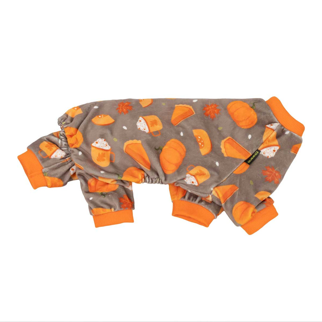 Comfy Thanksgiving dog pajamas in brown, with orange trim, featuring pumpkin, latte, and maple leaf prints.
