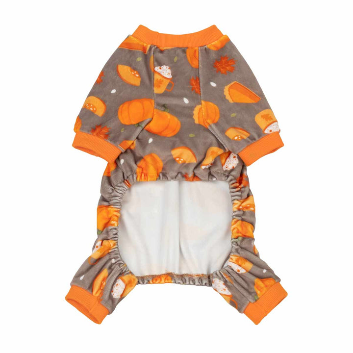 Full-body brown dog pajamas with orange trim, featuring festive pumpkin, pie, maple, and coffee prints. Soft.