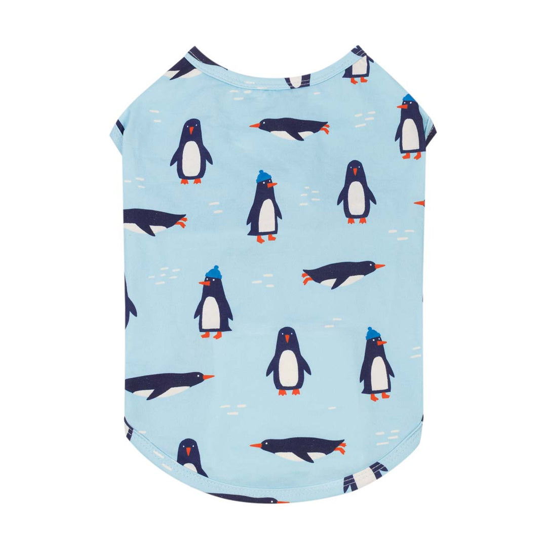 Blue dog shirt with an all-over penguin print, featuring penguins in blue hats and orange beaks