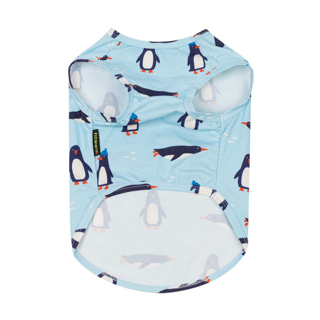 Blue shirt for dogs featuring a playful penguin print, displayed flat against a solid white background