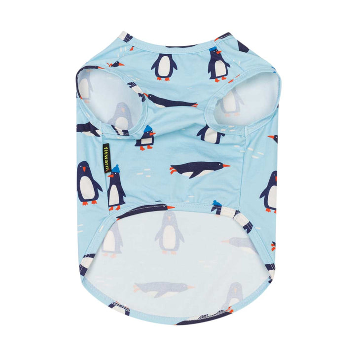 Blue shirt for dogs featuring a playful penguin print, displayed flat against a solid white background