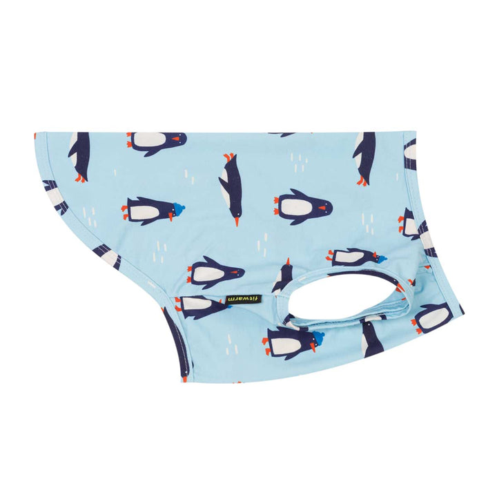Funny dog tank top with a plauful allover penguin print on a white background