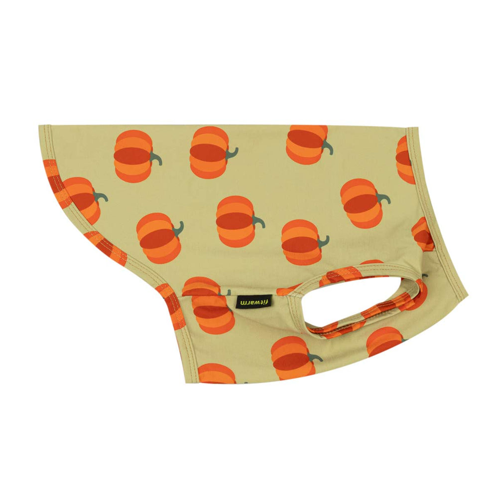 Thanksgiving dog tshirt featuring an all-over orange pumpkin print, displayed flat against a solid white background