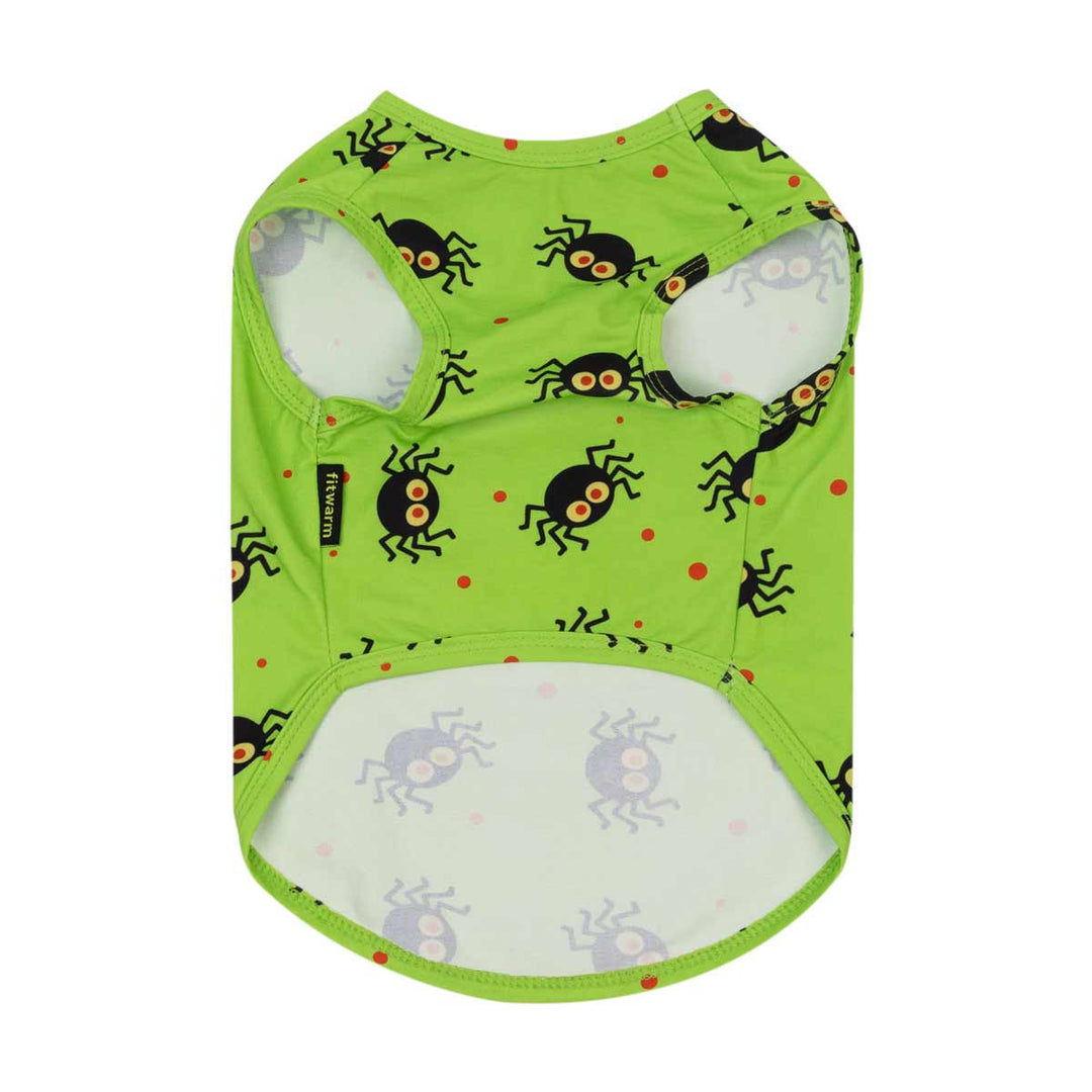 Green dog tank top with a black spider and red dot pattern