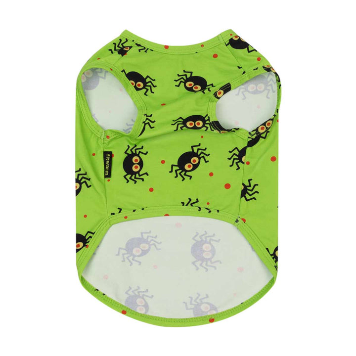 Green dog tank top with a black spider and red dot pattern