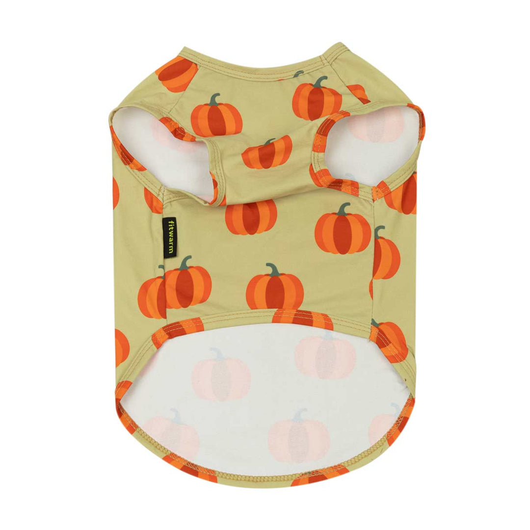 Dog Thanksgiving t-shirt pumpkin print on a light beige background, featuring orange pumpkins with green stems and a white lining