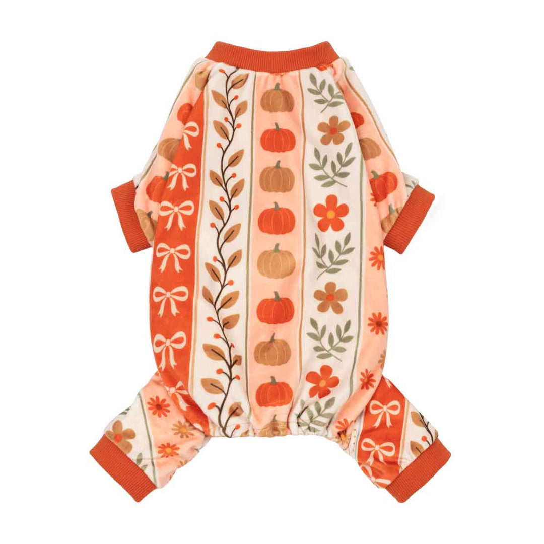 Thanksgiving dog pjs featuring a fall harvest pattern with orange pumpkins, flowers, leaves, and bows on vertical stripes, finished with solid orange ribbed cuffs and collar