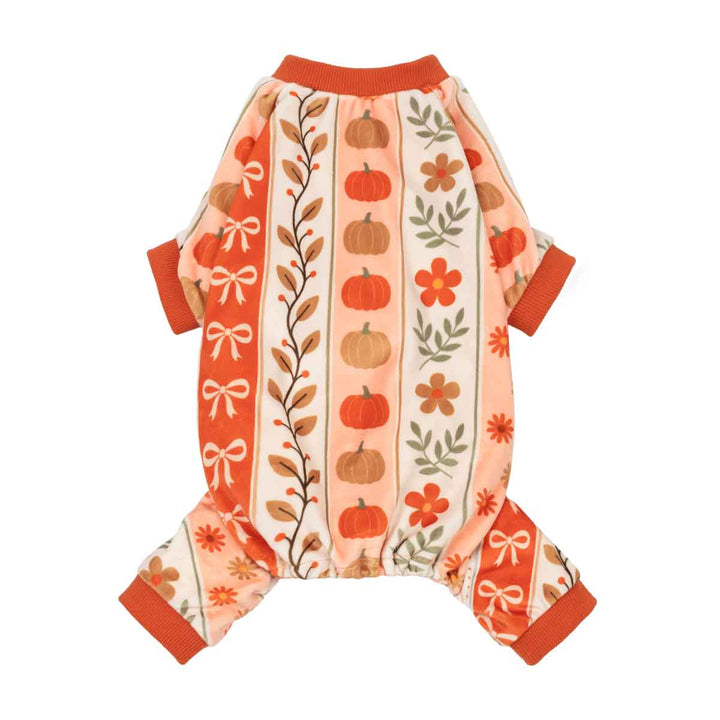 Thanksgiving dog pjs featuring a fall harvest pattern with orange pumpkins, flowers, leaves, and bows on vertical stripes, finished with solid orange ribbed cuffs and collar