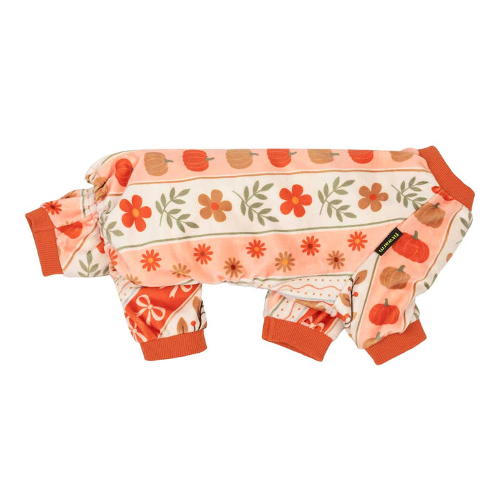 Small dog Thanksgiving onesie with a fall harvest print, featuring orange and red flowers, pumpkins, and leaves on a peach and cream background, with orange cuffs