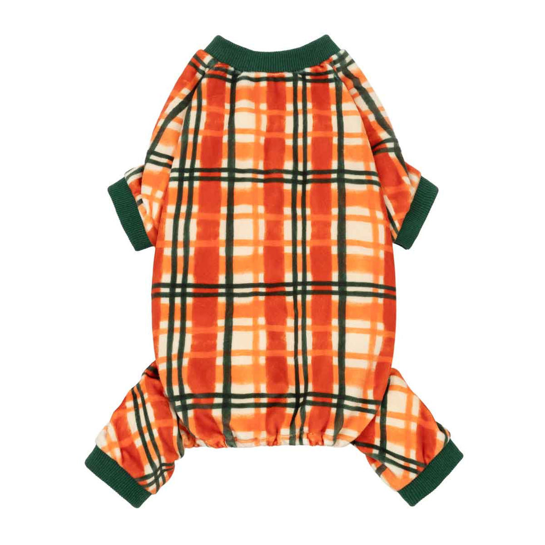 Thanksgiving dog fleece pajama with a vibrant orange and white plaid pattern, featuring dark green ribbed cuffs and collar, shown flat on a white background