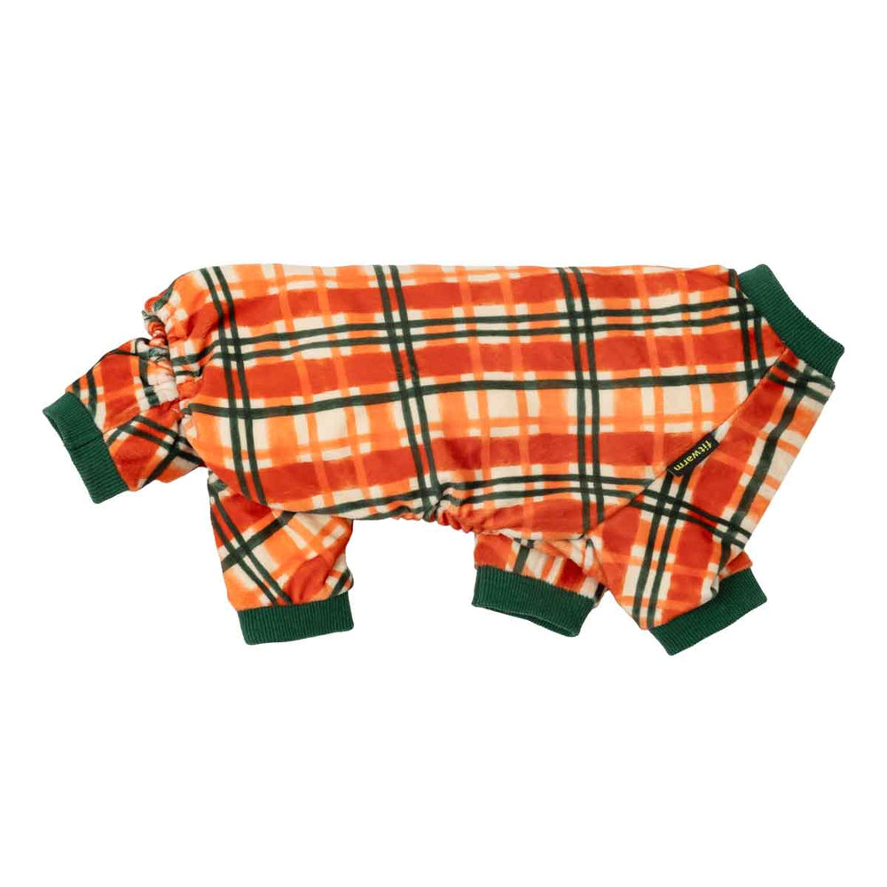 Thanksgiving pajamas for dogs with a vibrant orange, red, and black plaid pattern, featuring dark green ribbed cuffs and collar, displayed on a clean white background