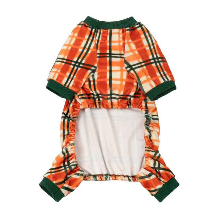 Dog Thanksgiving pjs with an orange, white, and black plaid pattern and dark green ribbed cuffs and collar, shown flat on a white background