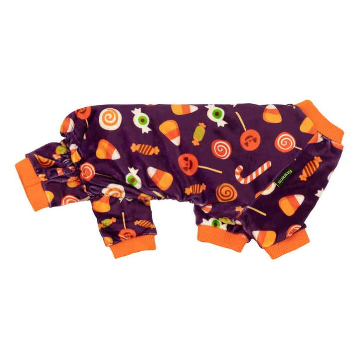 Purple dog Halloween costume, a cozy onesie with candy corn, jack-o'-lanterns, and festive sweet patterns, orange cuffed.
