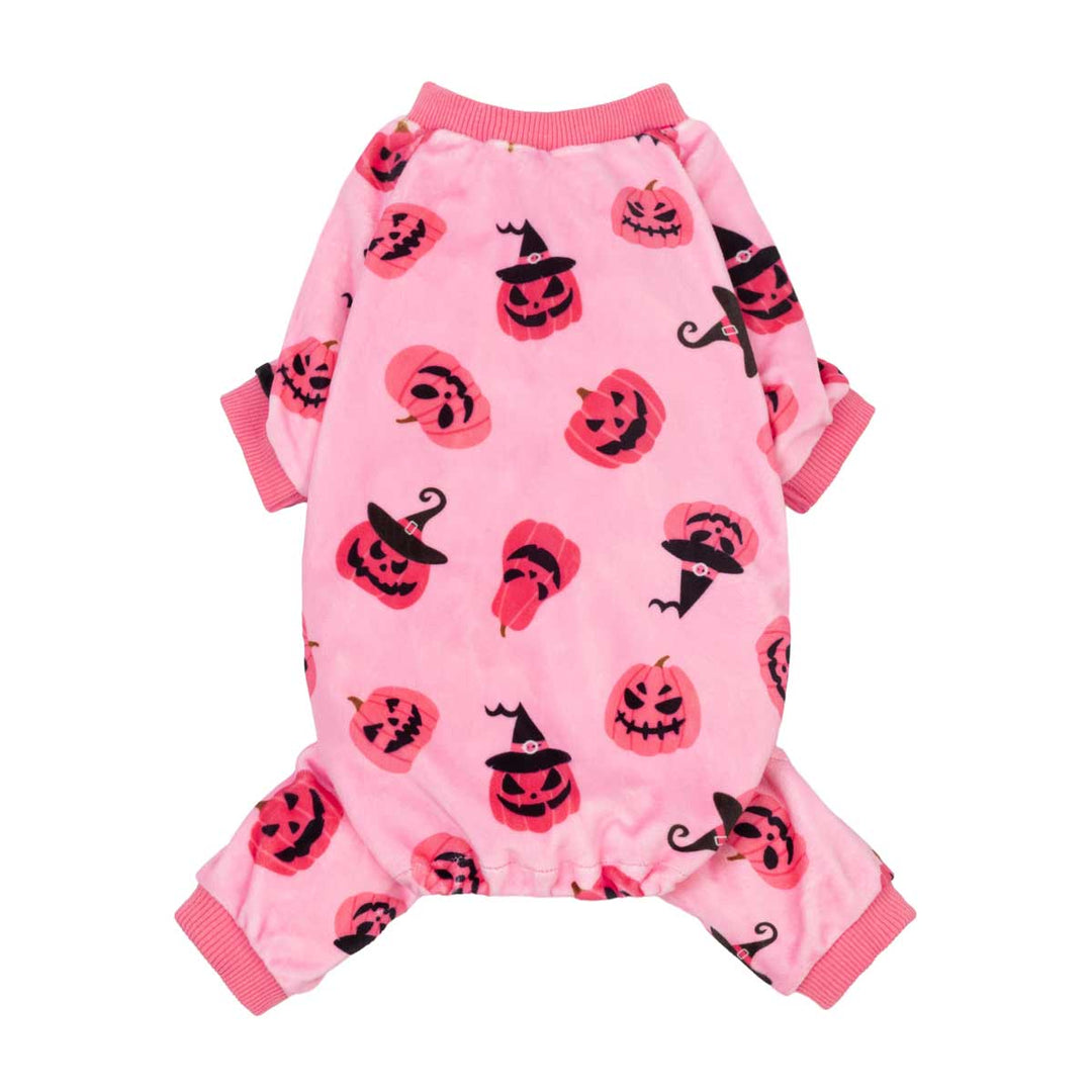 Pink dog onesie pajamas with Halloween jack-o'-lantern and witch hat patterns. Soft, stretchy polyester for cozy comfort.