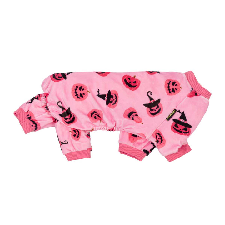 Cozy bright pink pumpkin dog pajamas in soft polyester-spandex, with fun Halloween jack-o'-lantern and witch hat patterns.