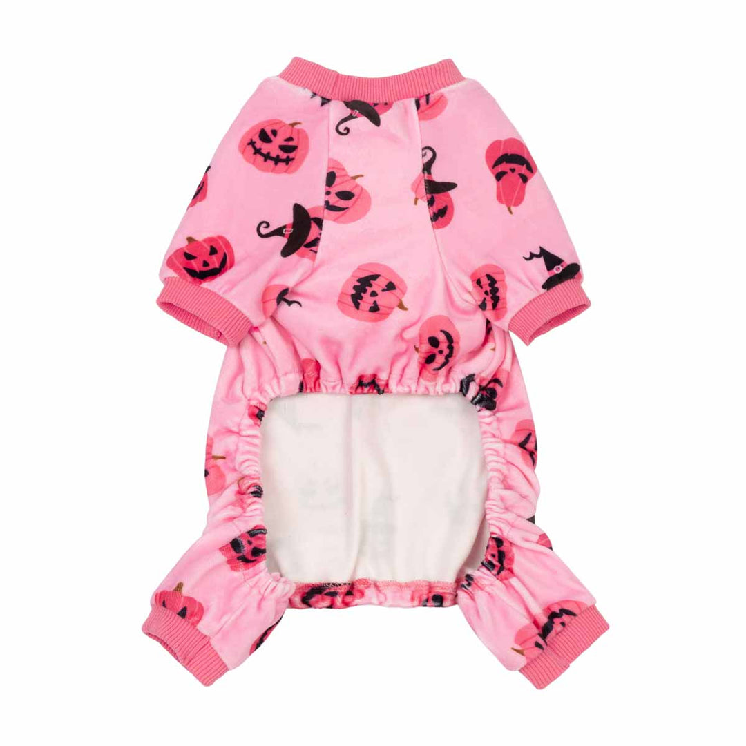 Bright pink full-body dog pajamas featuring festive Halloween pumpkins and witch hats, soft polyester-spandex for cozy wear.
