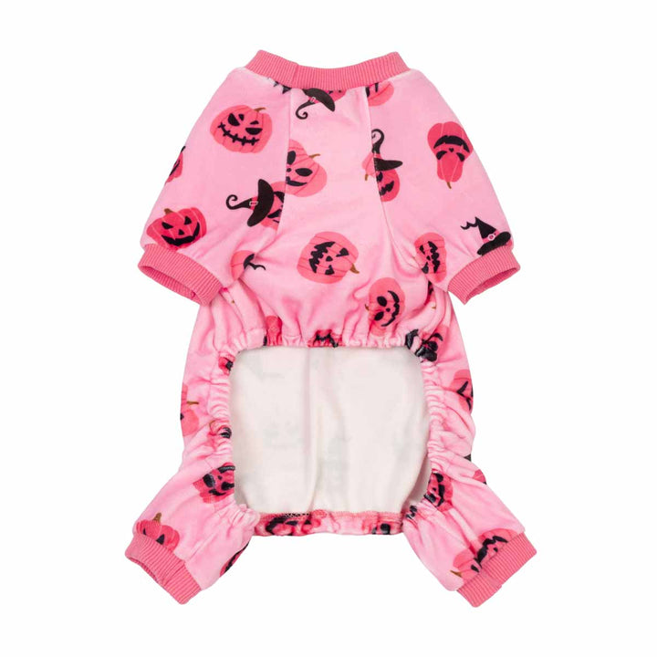 Bright pink full-body dog pajamas featuring festive Halloween pumpkins and witch hats, soft polyester-spandex for cozy wear.