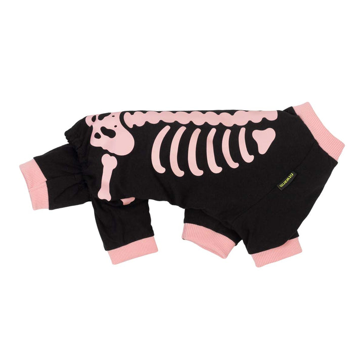 Side view of dog Halloween pajamas with scary skeleton prints