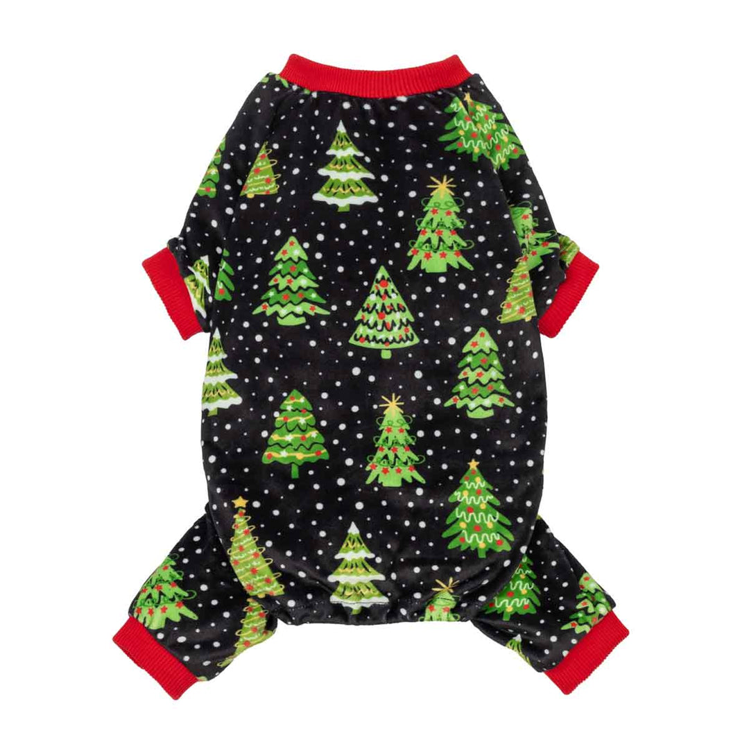 Black dog pajamas with a festive Christmas tree print and red cuffs. Designed for comfort and holiday spirit.
