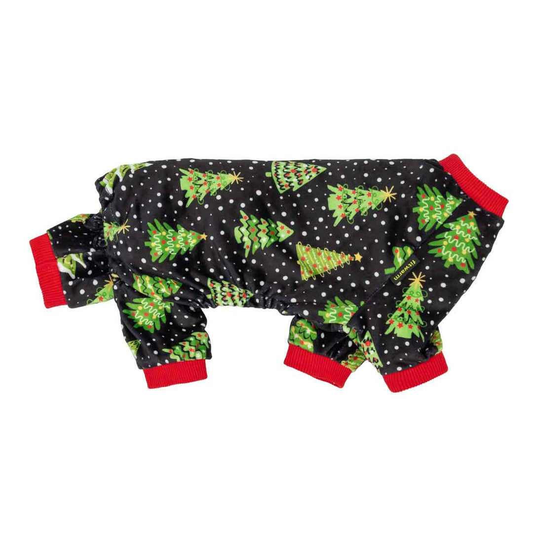 Christmas tree dog pajamas in black with red cuffs, festive holiday print.