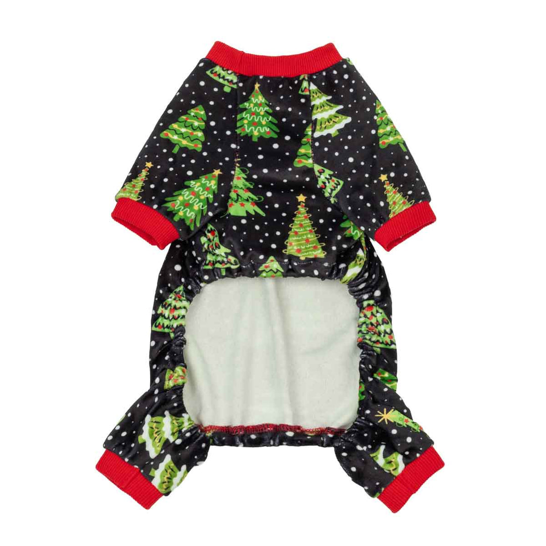 Black dog pajamas with a festive Christmas tree and snowflake print, featuring red ribbed cuffs and neckline.