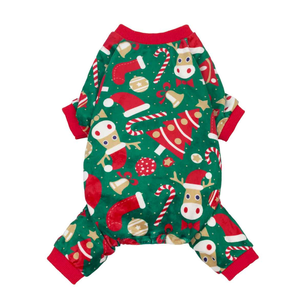 Christmas Green Dog Pajamas with festive holiday patterns