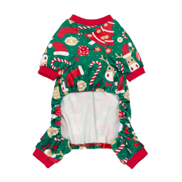 Green Christmas dog pajamas with Santa hats, candy canes, and gold stars