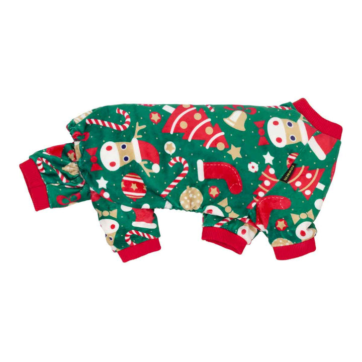 Christmas Green Dog Pajamas with reindeer, trees, and candy canes. Cozy holiday pet outfit.