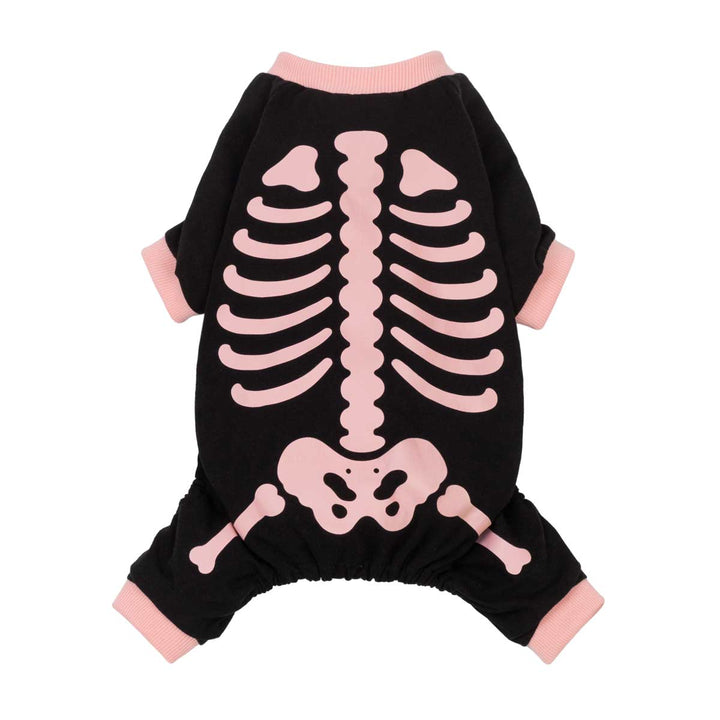 Spooky dog costume with a pink skeleton rib cage and pelvis print, featuring pink ribbed cuffs and collar, shown on a plain white background