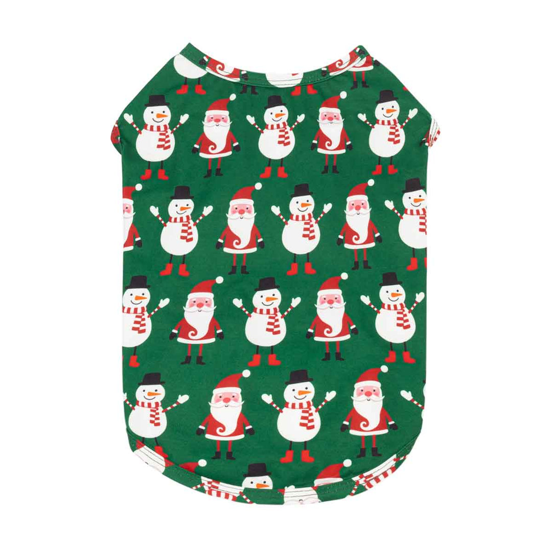 Green shirt for dogs with an all-over Christmas print featuring Santa Claus and snowmen, shown flat against a white background