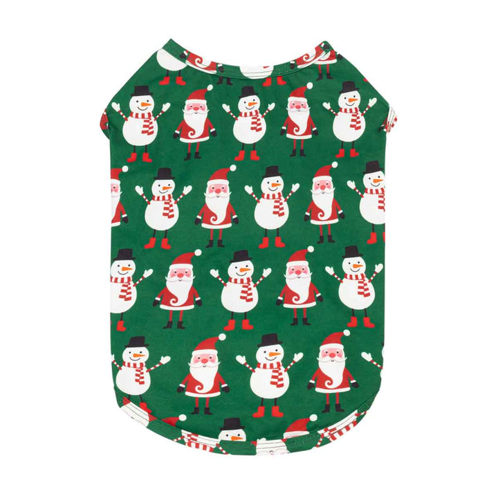 Green shirt for dogs with an all-over Christmas print featuring Santa Claus and snowmen, shown flat against a white background
