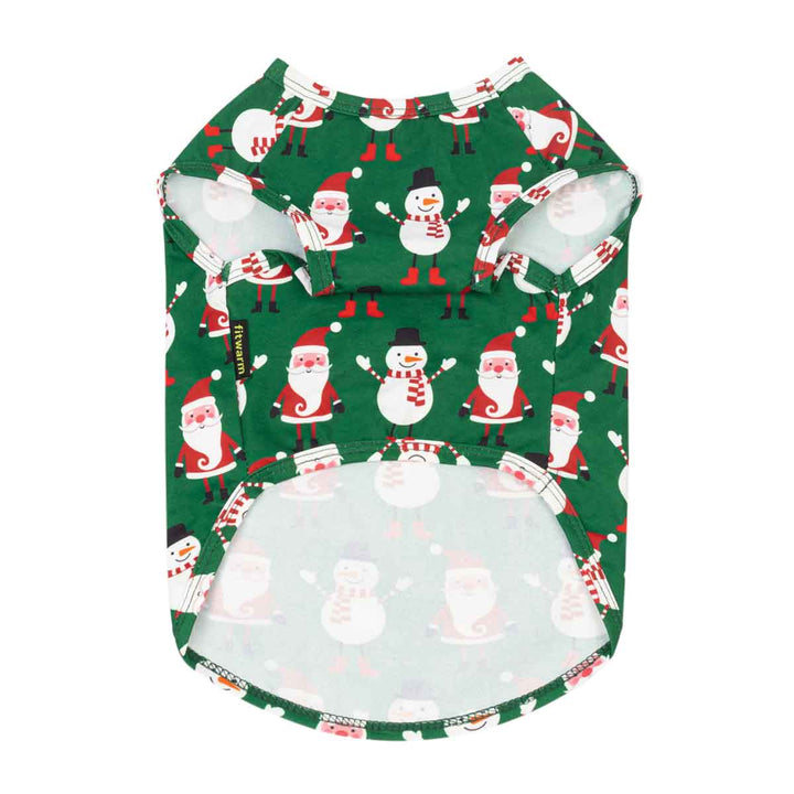Christmas dog t shirt with a festive Christmas print featuring Santa Claus and snowmen, shown flat against a white background