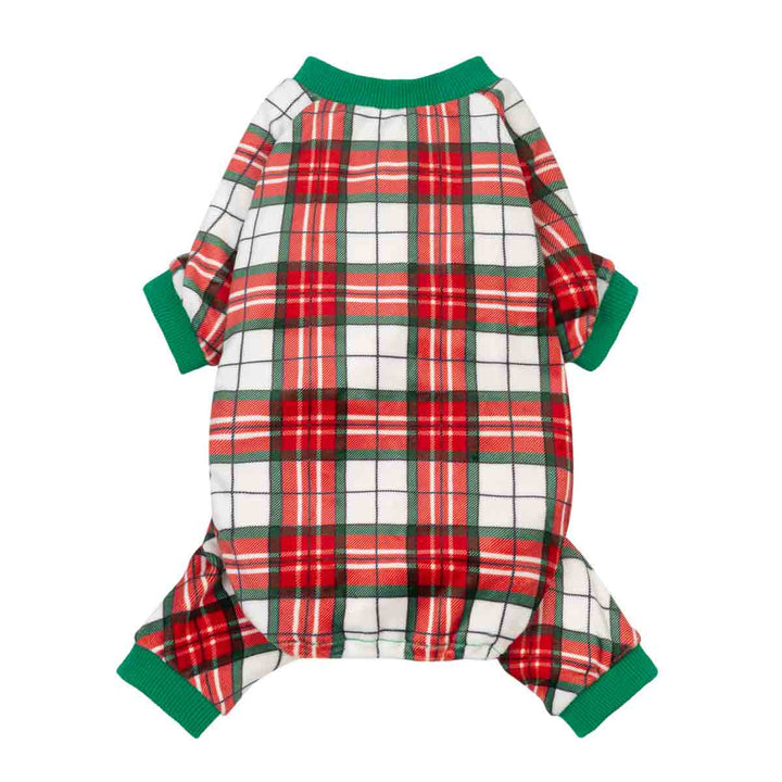 Christmas small dog jumpsuit featuring a red, green, and white plaid pattern with solid green ribbed collar, cuffs, and hem, shown flat on a white background