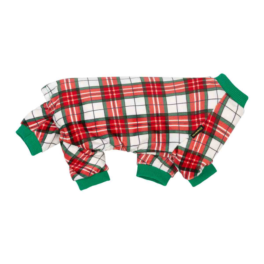 Christmas dog pjs with a red, green, and white plaid pattern, featuring green ribbed cuffs and collar, laid flat on a white background