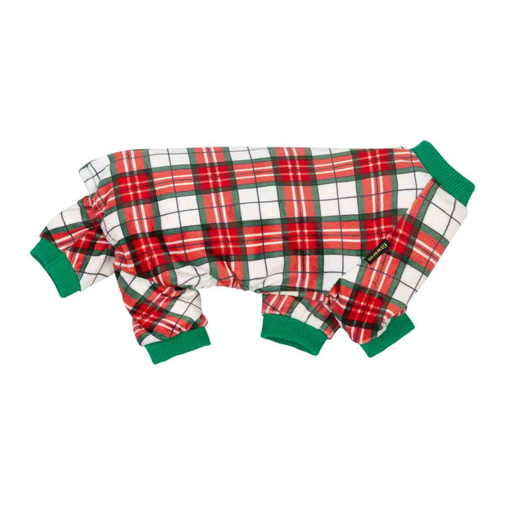 Christmas dog pjs with a red, green, and white plaid pattern, featuring green ribbed cuffs and collar, laid flat on a white background