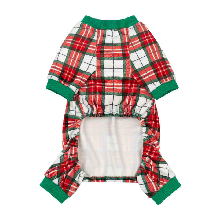 Christmas pajamas for dogs with a red, green, and white plaid pattern, featuring green ribbed cuffs and collar, laid flat on a white background