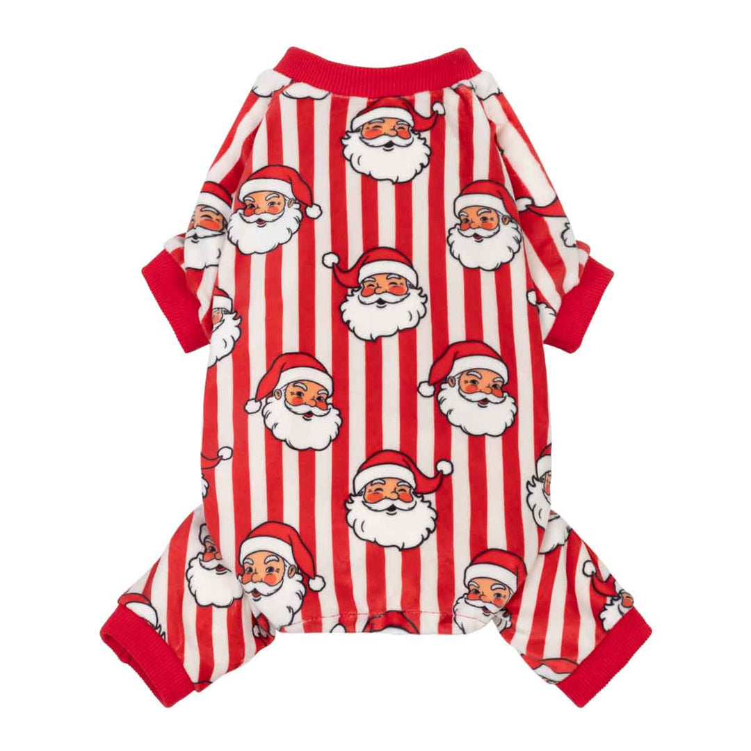 Small dog pjs with a festive Santa Claus print, featuring red and white vertical stripes and a repeating pattern of Santa's faces