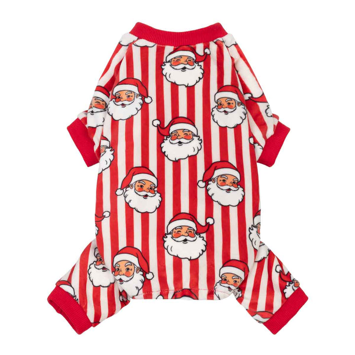 Small dog pjs with a festive Santa Claus print, featuring red and white vertical stripes and a repeating pattern of Santa's faces
