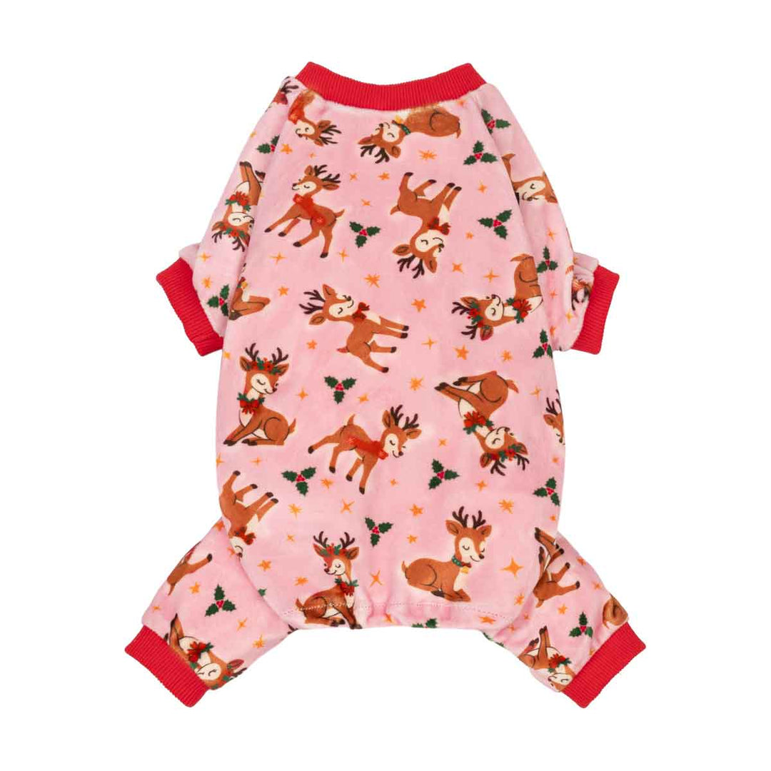 Cute pink reindeer dog Christmas pajamas with festive holiday print and red trim.
