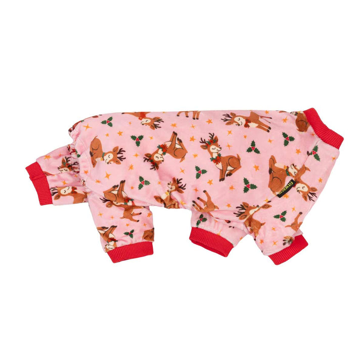 Cute Reindeer Dog Christmas Pajamas in pink with festive print and red cuffs.