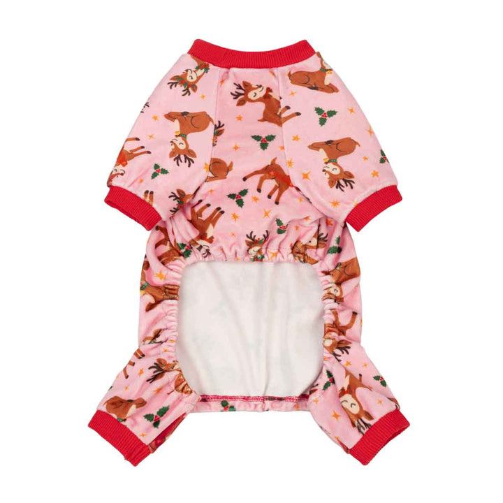 Cute Reindeer Dog Christmas Pajamas: Pink dog onesie with reindeer, holly, and stars pattern, red trim.