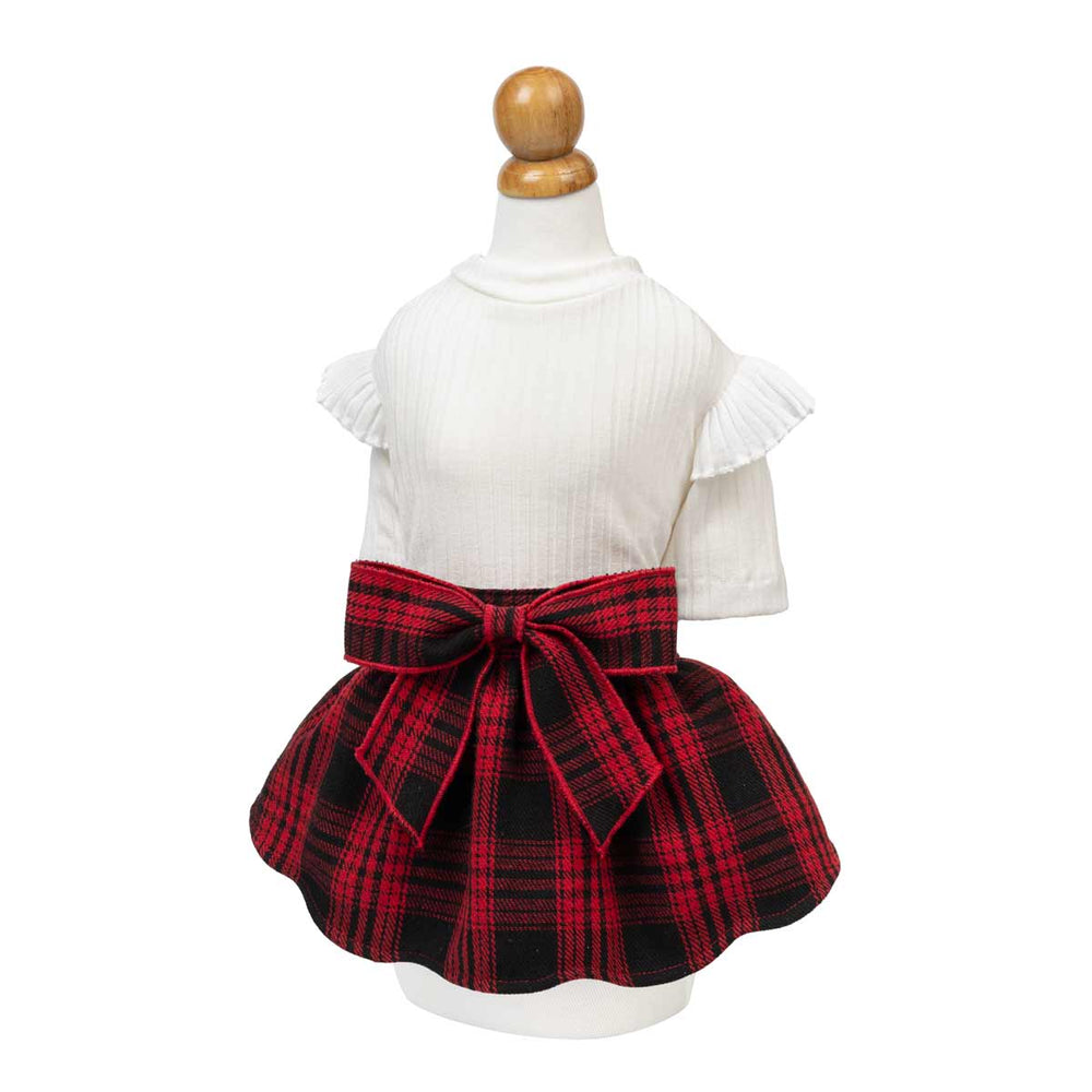 White ribbed pet dress with red plaid skirt, ruffle sleeves, and large bow detail.