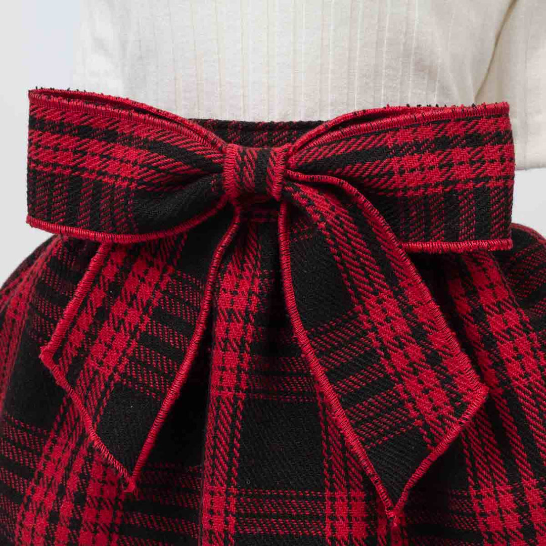 Fitwarm red and black plaid pet sweater dress with decorative bow, perfect for small dogs and cats.