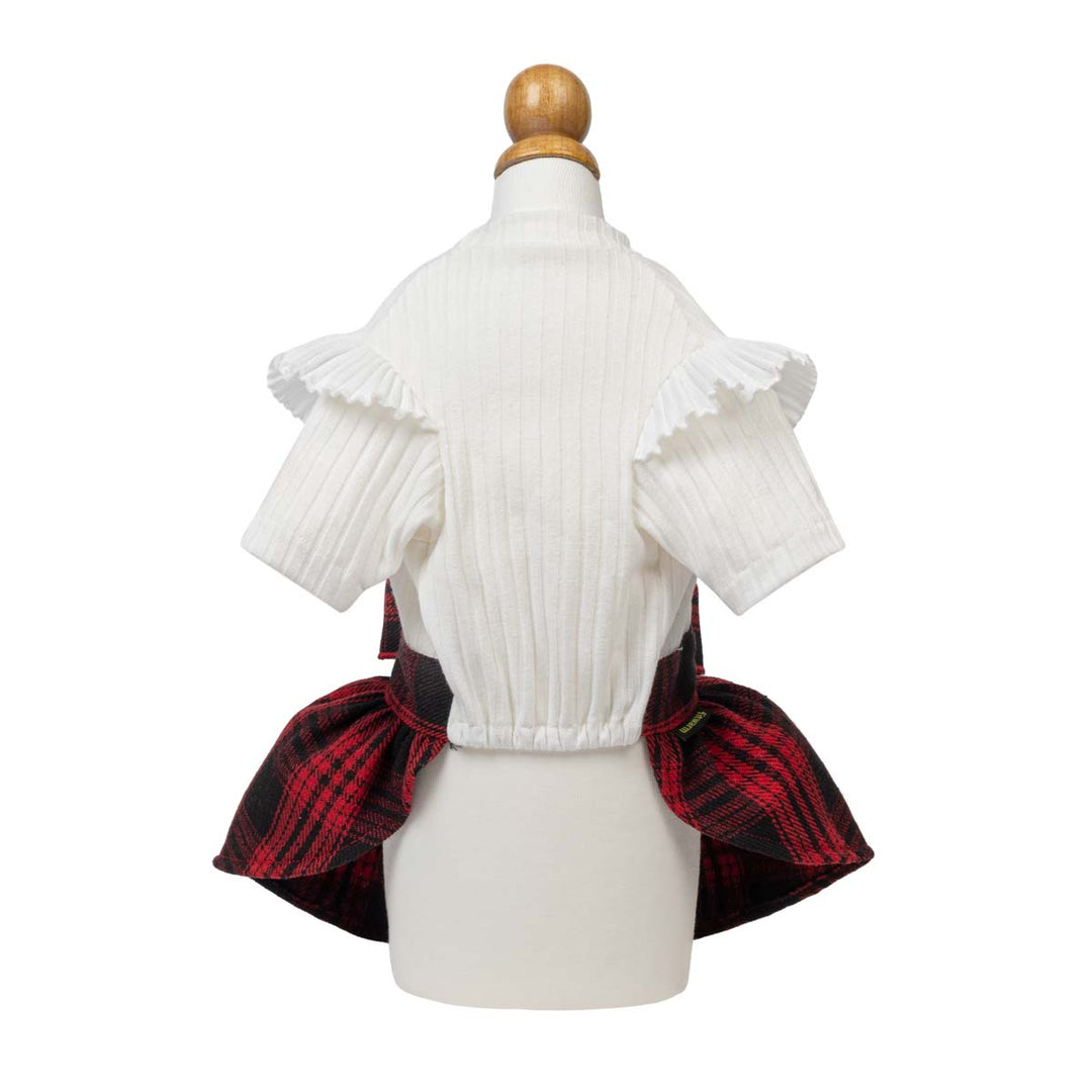 White pet sweater with ruffle cap sleeves and plaid puff sleeves, perfect for small dogs and cats.